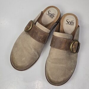 Sofft SF0055005 Womens 9M Taupe Suede Leather Buckle Mules Clogs Brown Strap